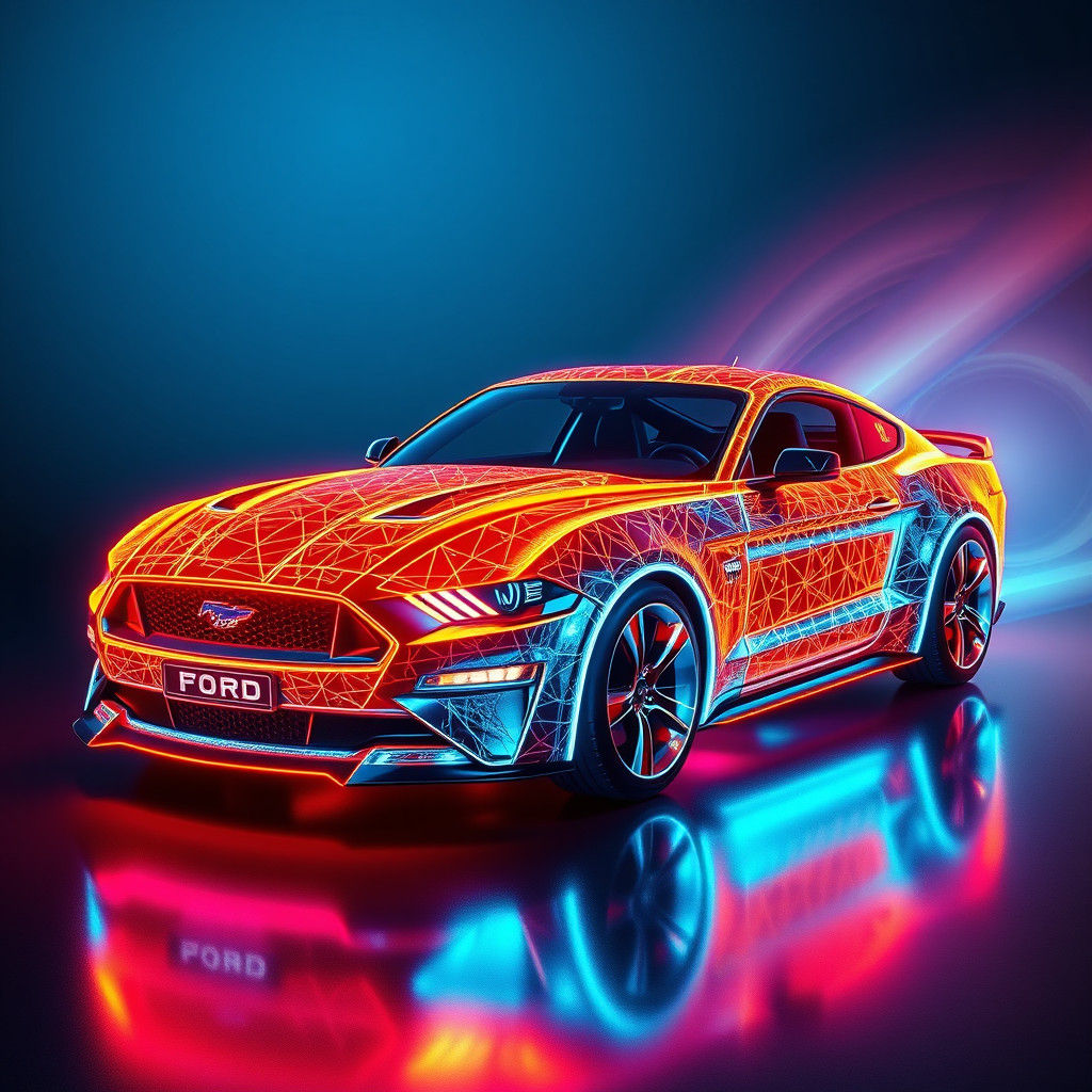 Futuristic Ford Mustang Made of Luminous Light Beams