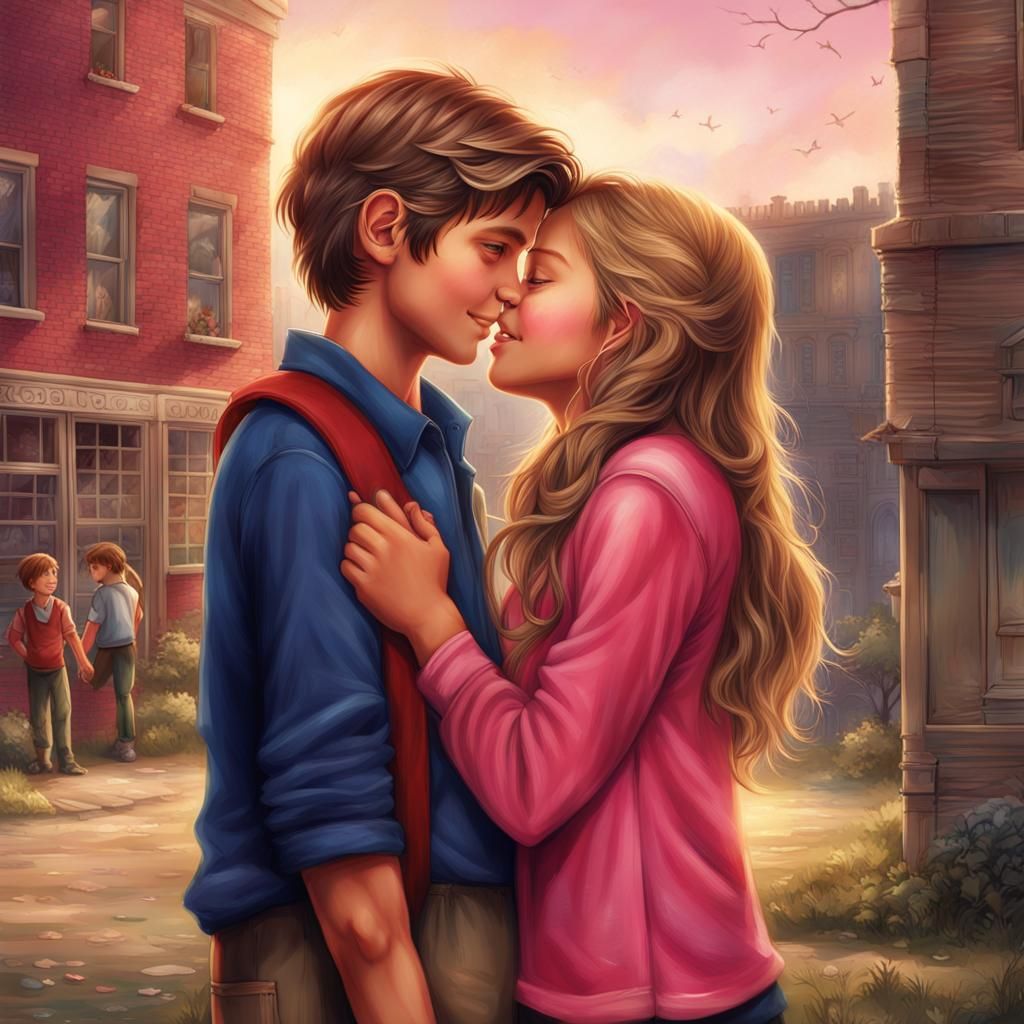 Middle School Romance: Kissing Scene in Detailed Matte Paint...