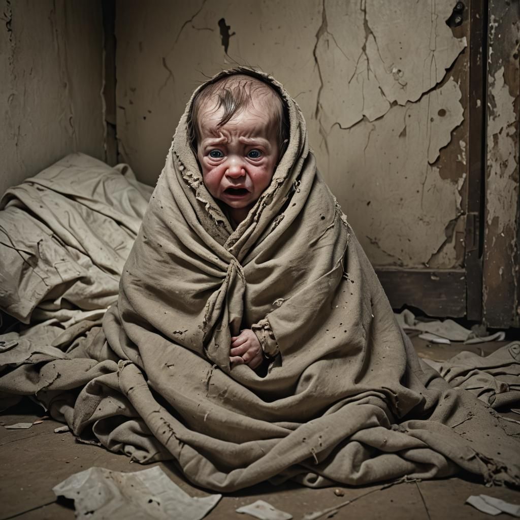 Image of a tiny, malnourished baby, wrapped in a tattered blanket, crying desperately. The child's eyes are filled with ...