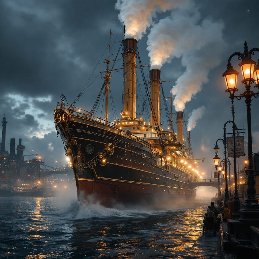 Steampunk Steamship in Retro-Futuristic Harbor