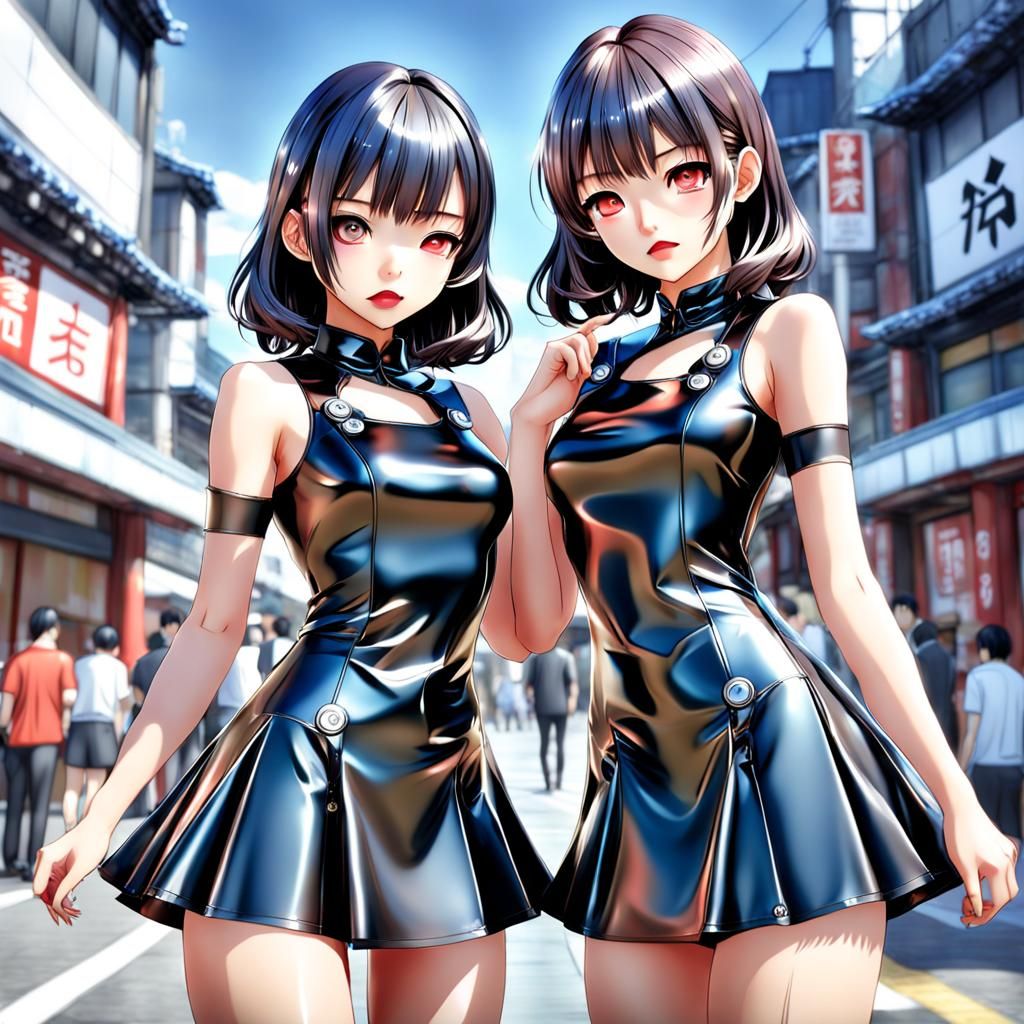Anime Style Korean Ladies in Latex Mini Dresses
