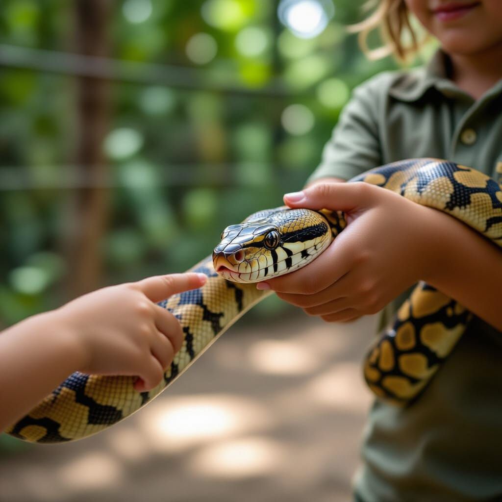 Child's Hand Gently Touches Python in Zoo Enclosure