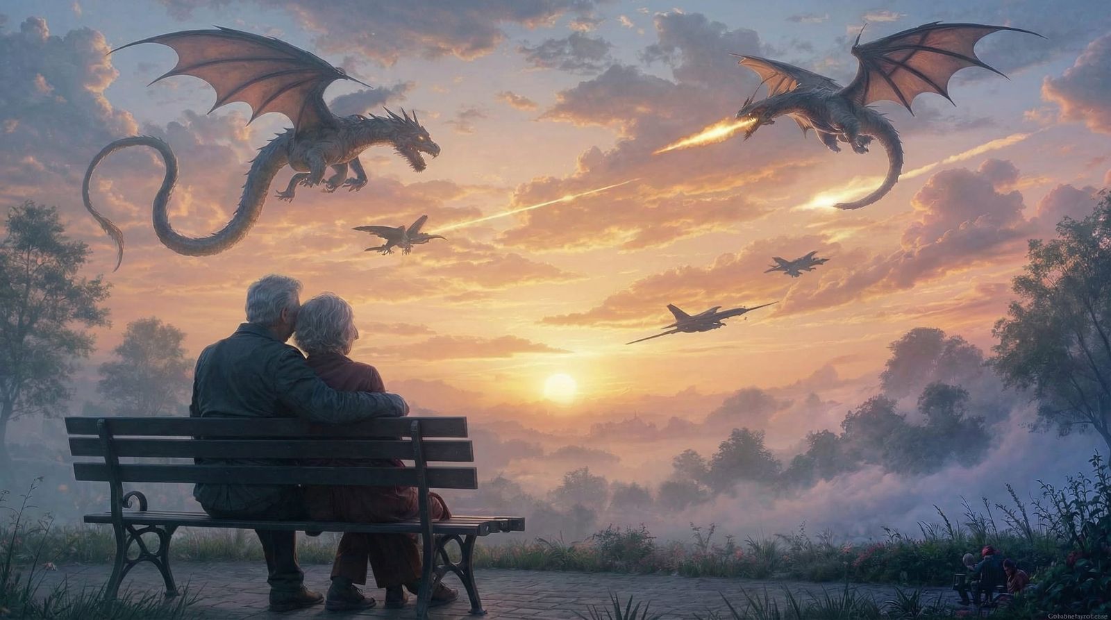 Elderly Couple Embraces Amidst Dragon and Jet Battle