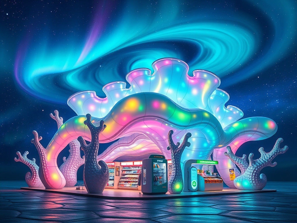 Bioluminescent Space Coral Gas Station in Syd Mead Style