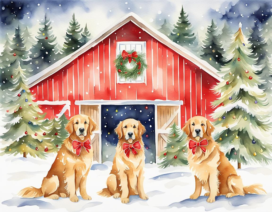 Watercolor Golden Retrievers Celebrate Christmas