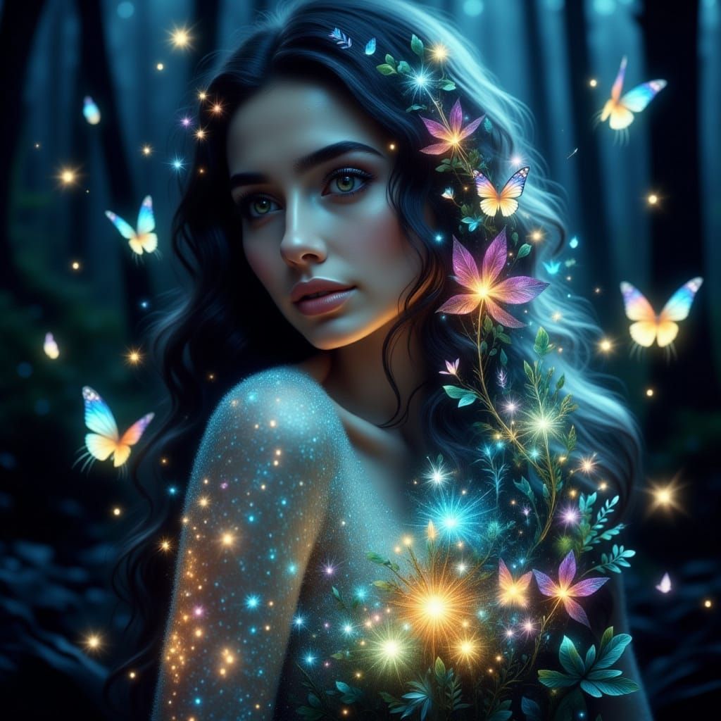 Surreal Portrait of Serene Woman in Bioluminescent Forest
