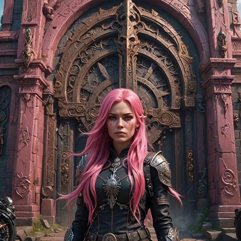 Biker Chick at Valhalla Gates: Detailed Fantasy Art