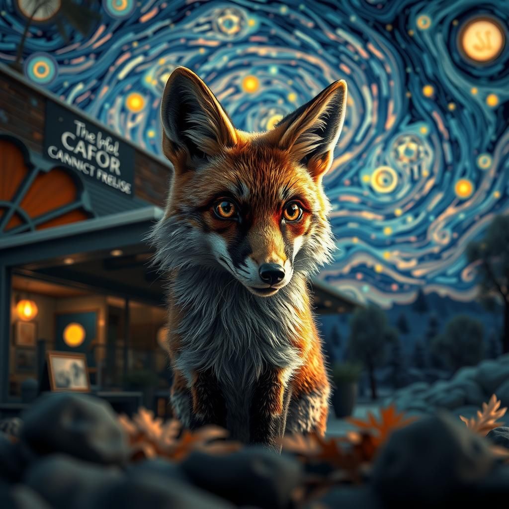 Hyperrealistic Cafe in Surreal Van Gogh Landscape