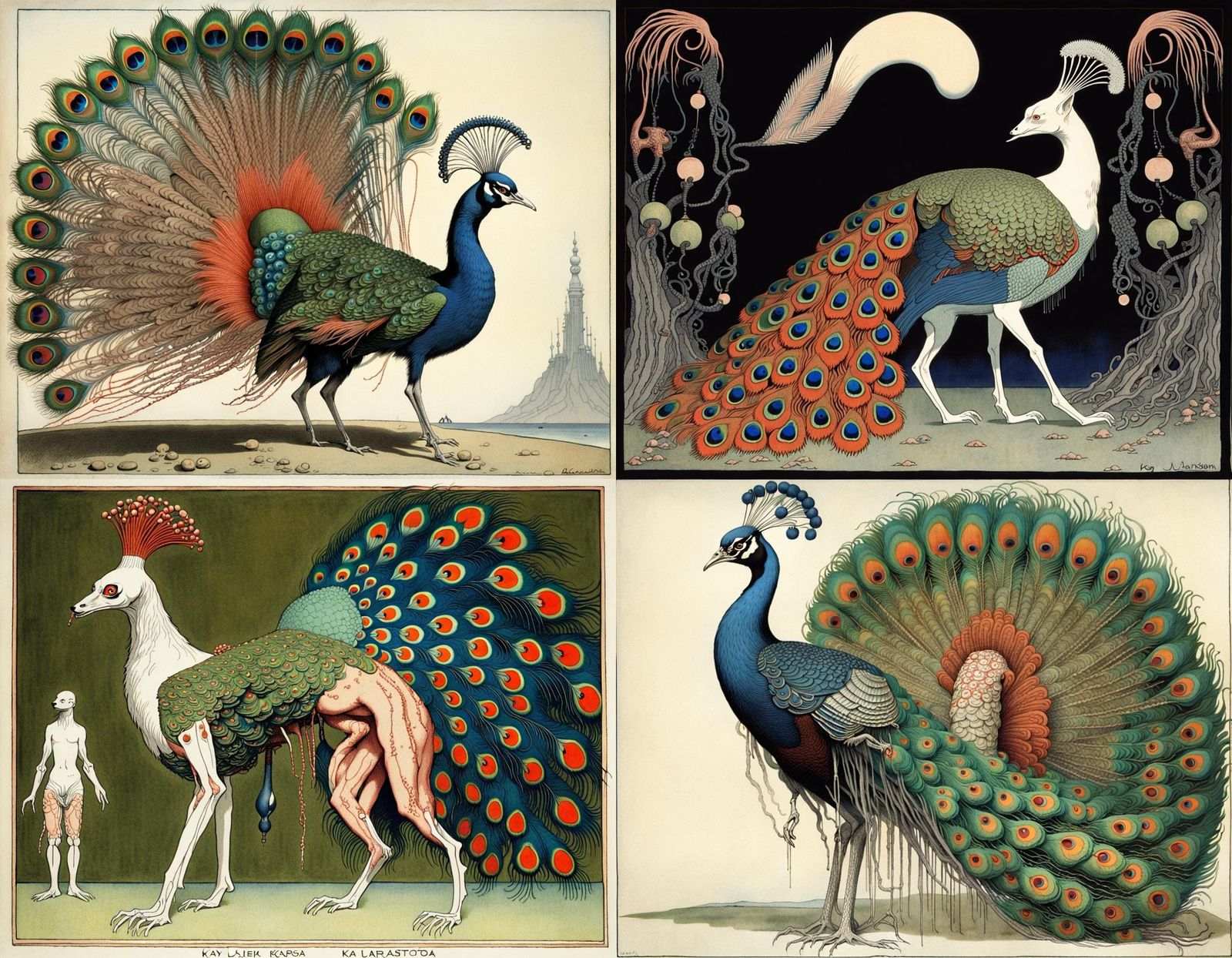 Grotesque Dog-Peacock Hybrid in Detailed Illustration Style