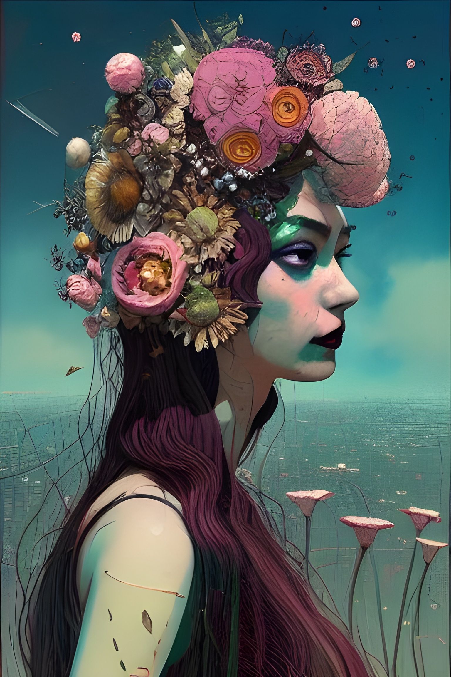 Intricate Portrait with Flowers in Hair, Matte Painting