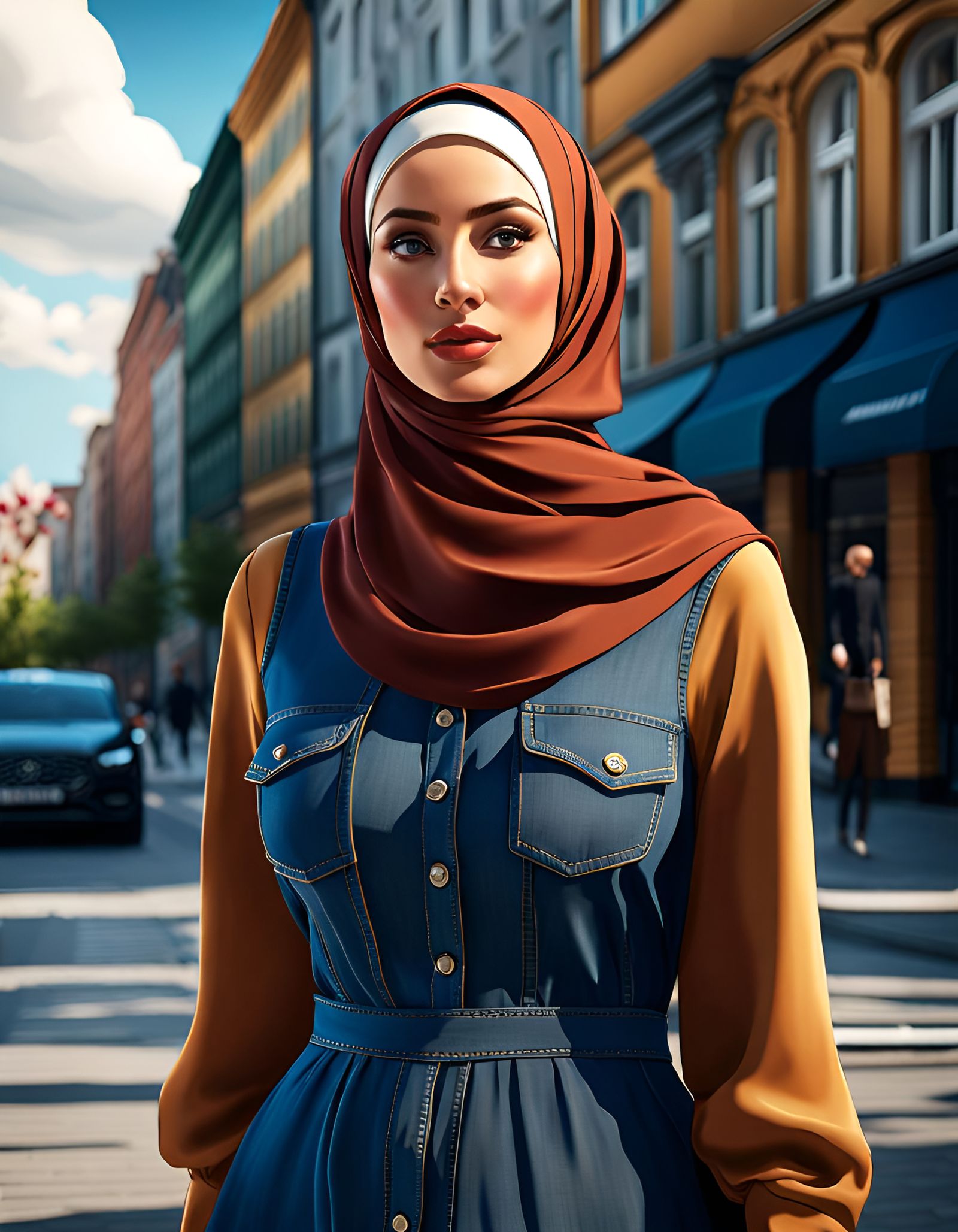 German Woman in Hijab Walking in Sunny City