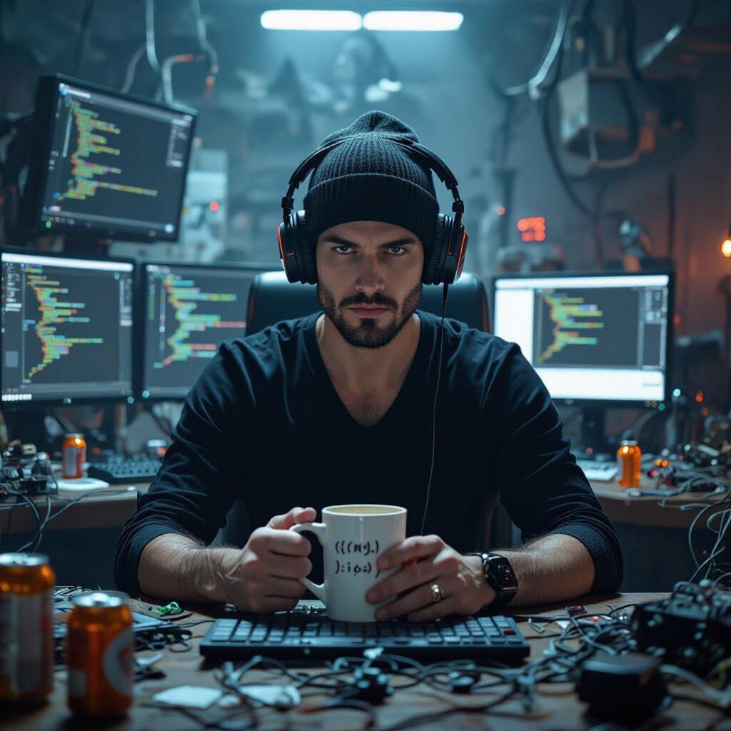 Dark Surreal Coding Battlestation in Retro Style