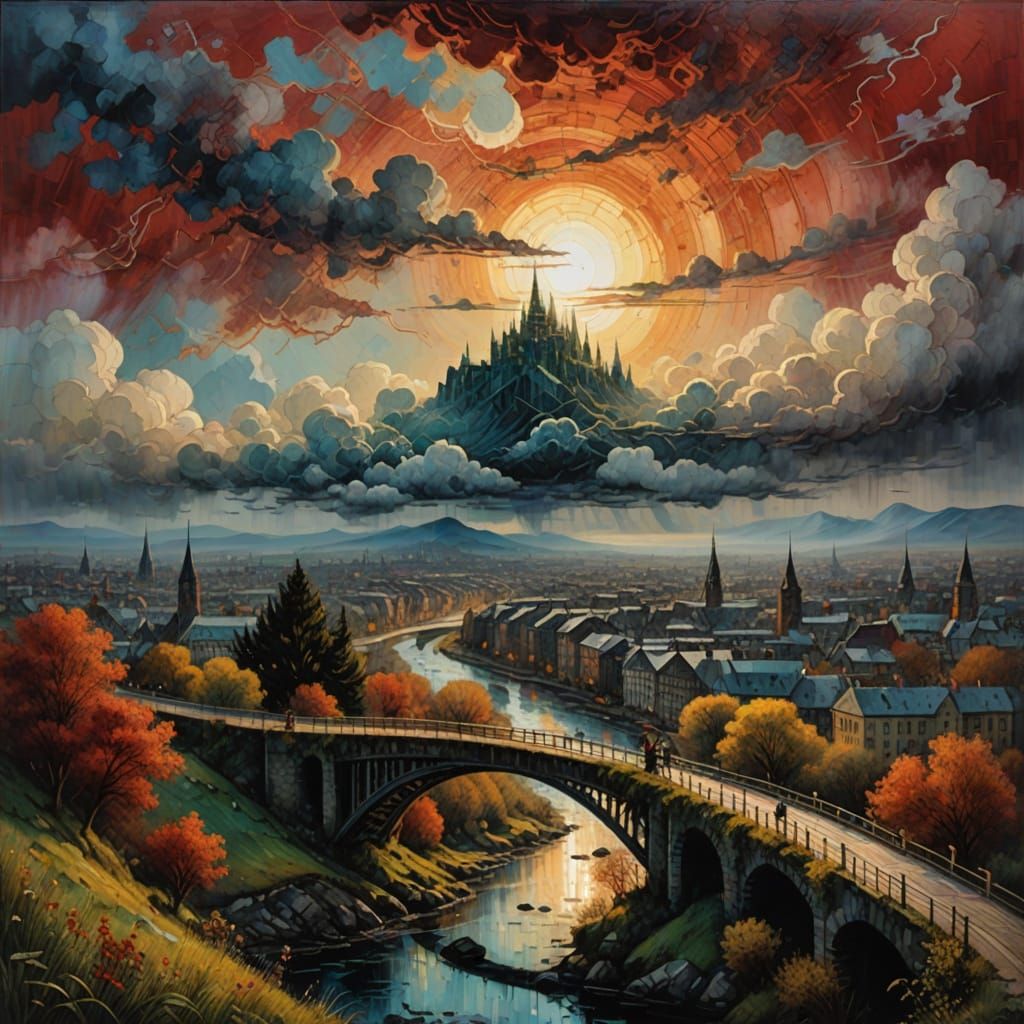 Alien Tram Crosses Misty Bridge in Surreal Encaustic Citysca...