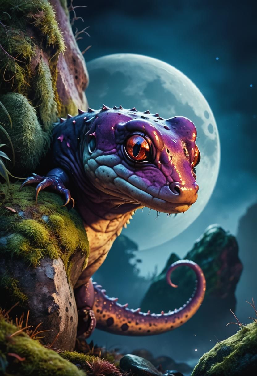 A salamander lurking around a moss-covered rock, a big bright moon glowing behind