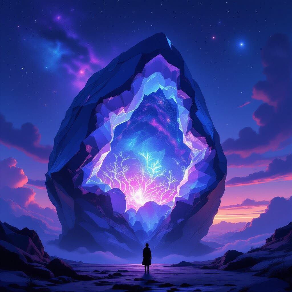 Giant Crystal Geode Floats in Twilight Sky