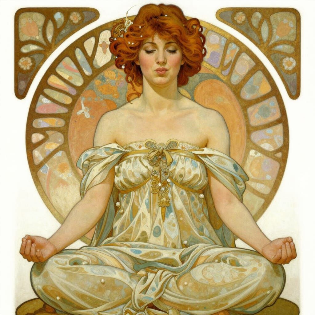 Woman Meditating in Art Nouveau Oil Painting Style