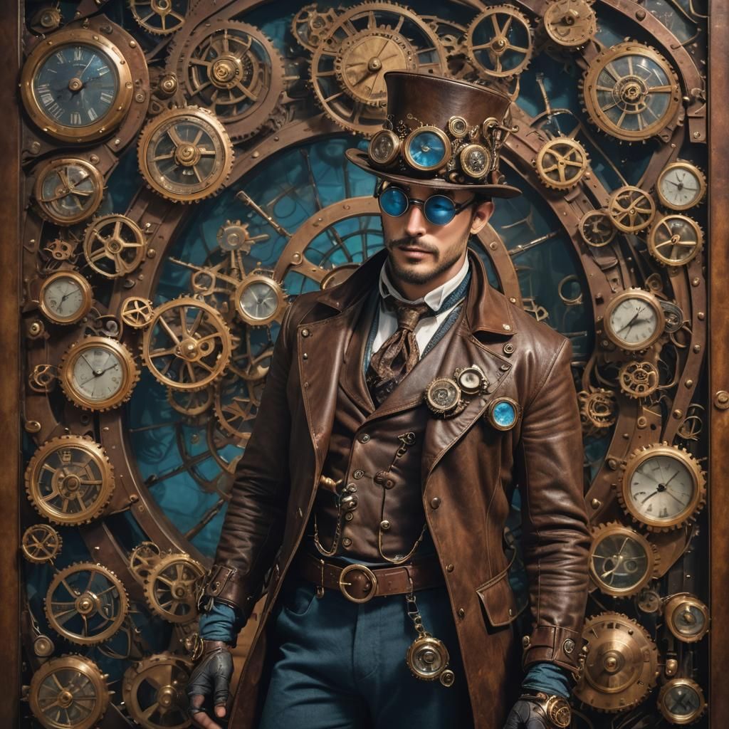 Steampunk Man Manipulating Energy in Cyberpunk Style