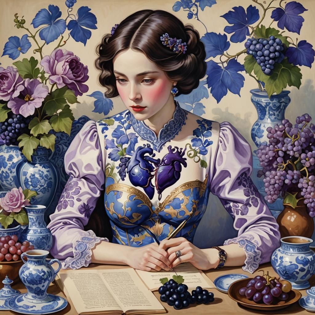 Woman Writing with Anatomical Heart, Sinister Watercolor