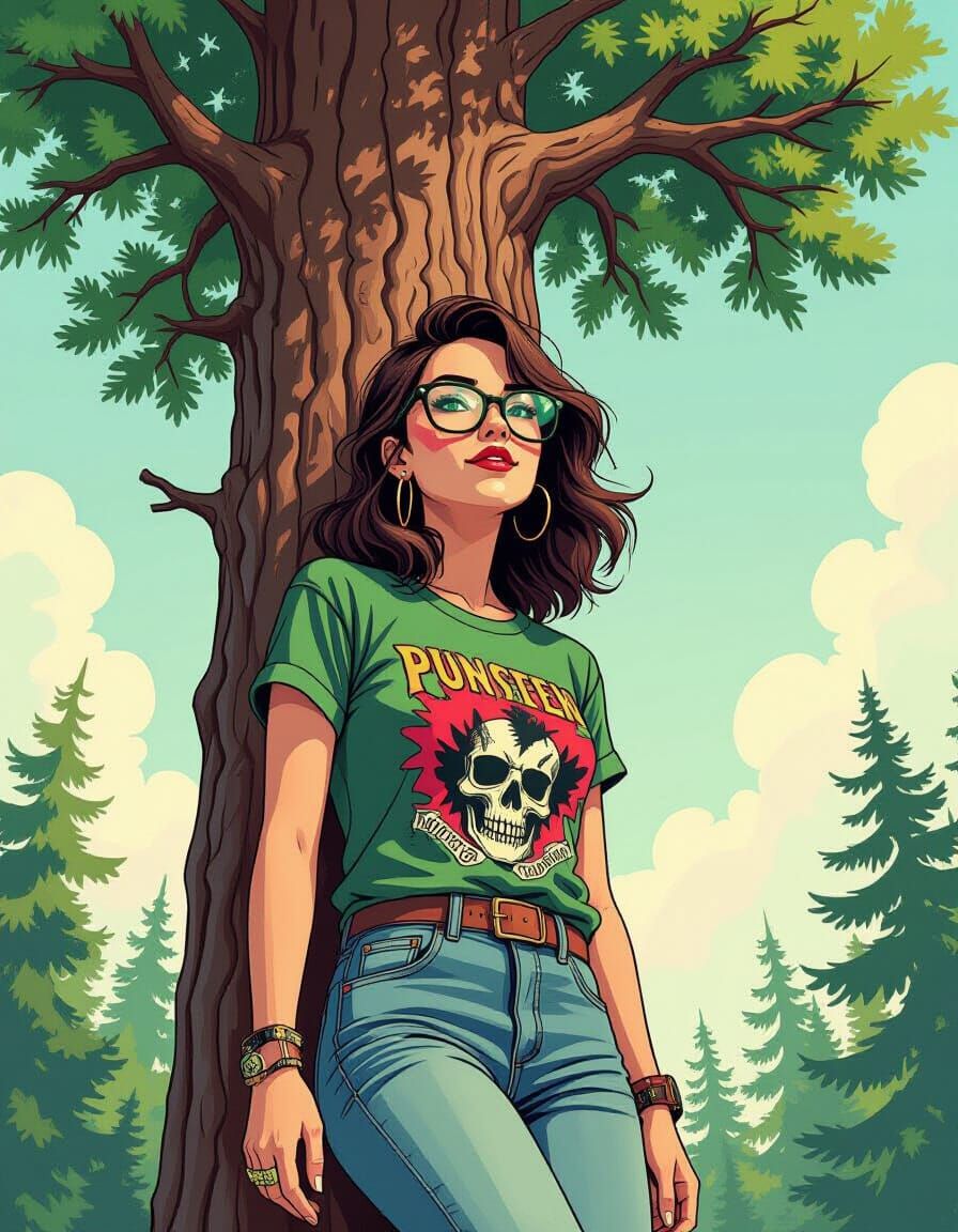 Punk Rock Girl Climbing Tree, Detailed Line Art