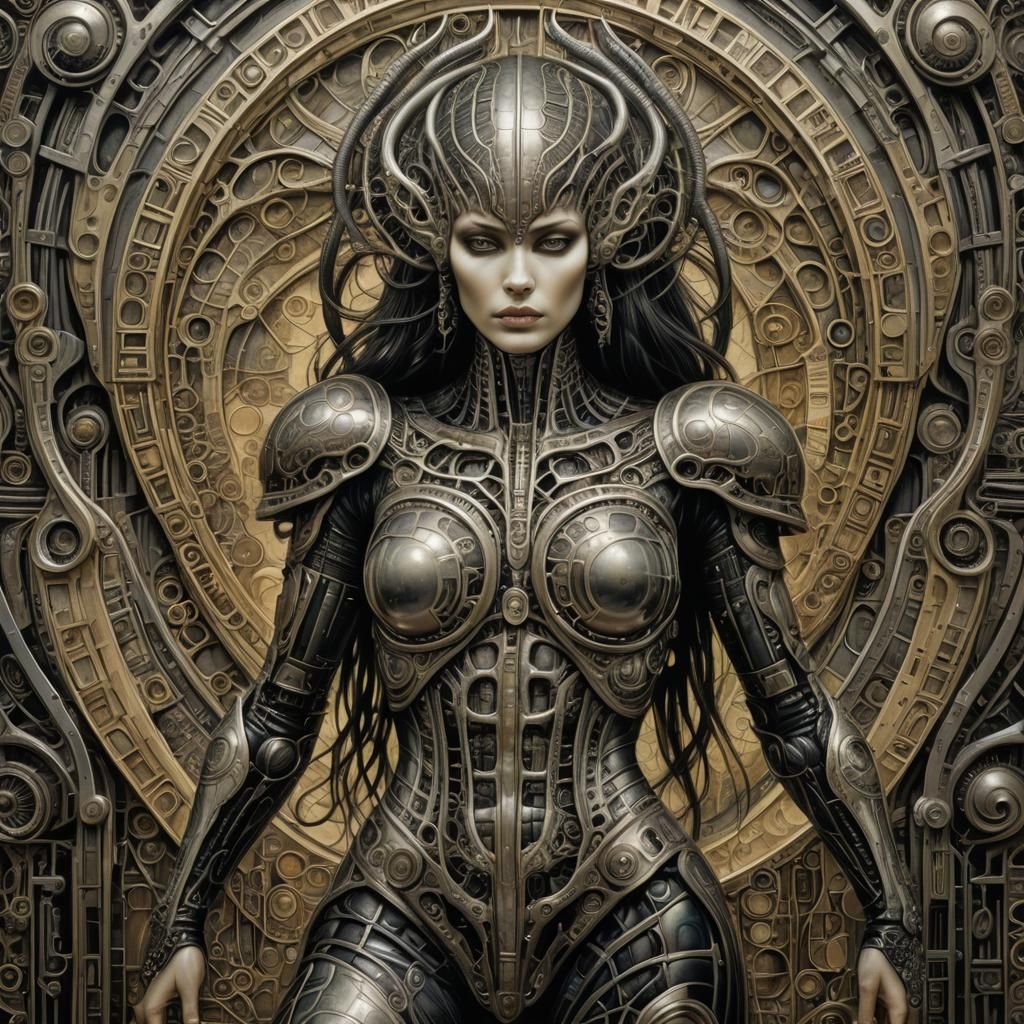 Giger-Klimt Fusion: Sensual Warrior in Fractal Landscape