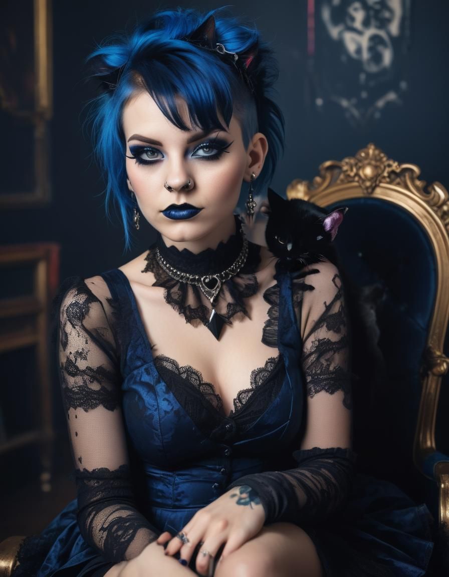 Punk Woman Portrait in Gothic Club with Black Cat