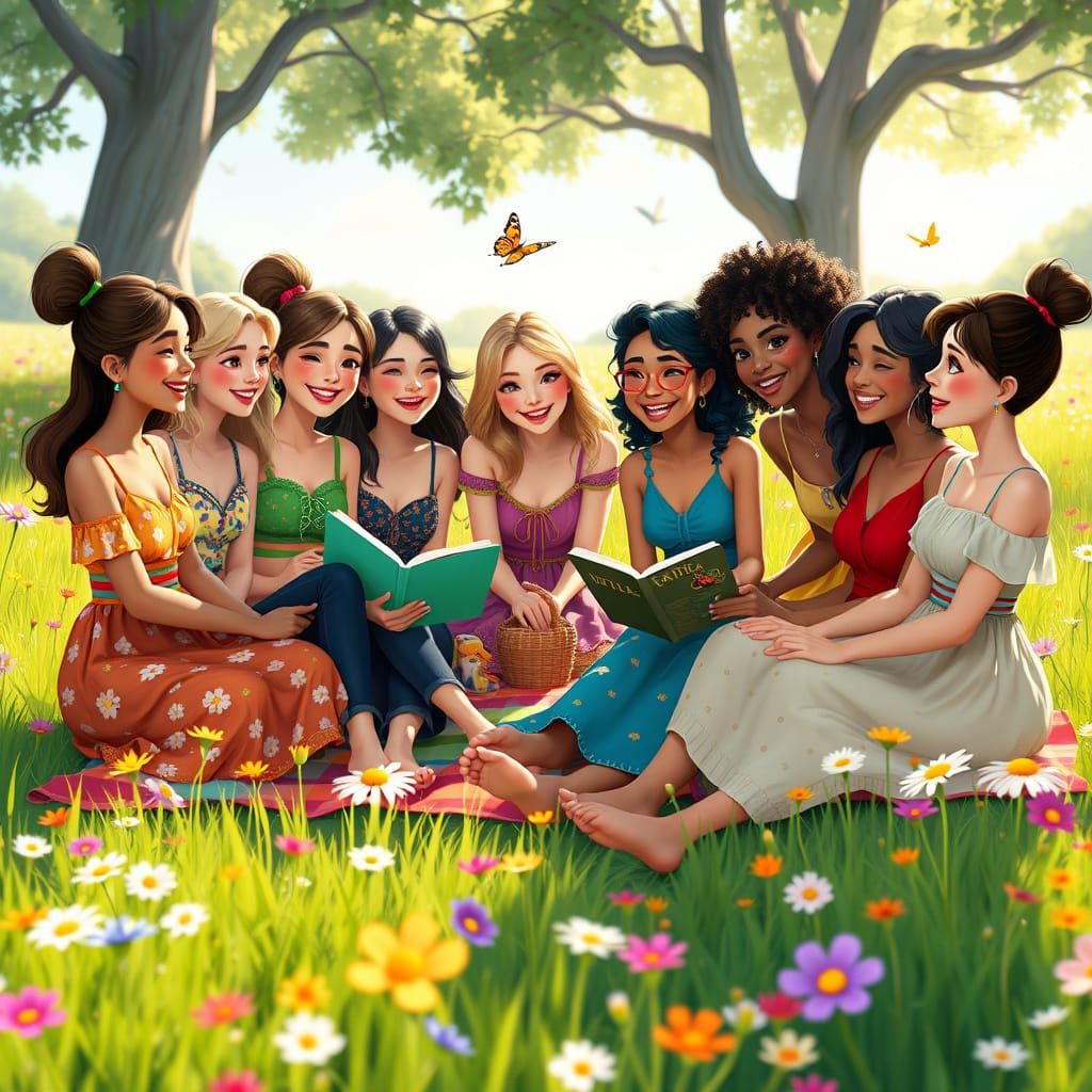 Joyful Women Gather in a Vibrant Sun-Kissed Meadow in Pixar-...