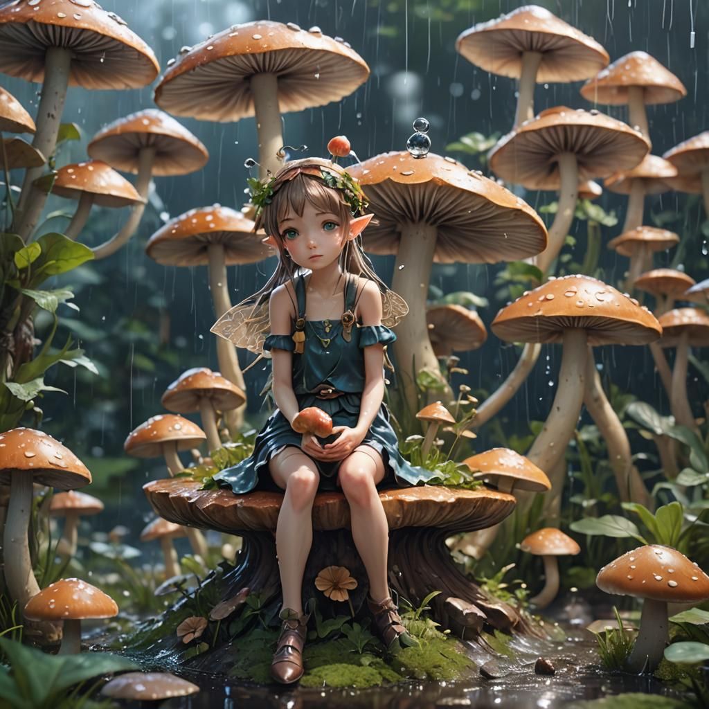 Lonely Fairy on Mushroom in Anime-Inspired 3D Art