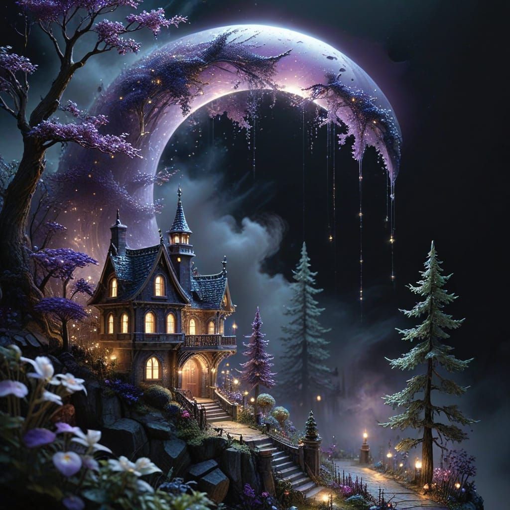 Ethereal Purple Moon With Silver City, Encrusted Gemstones