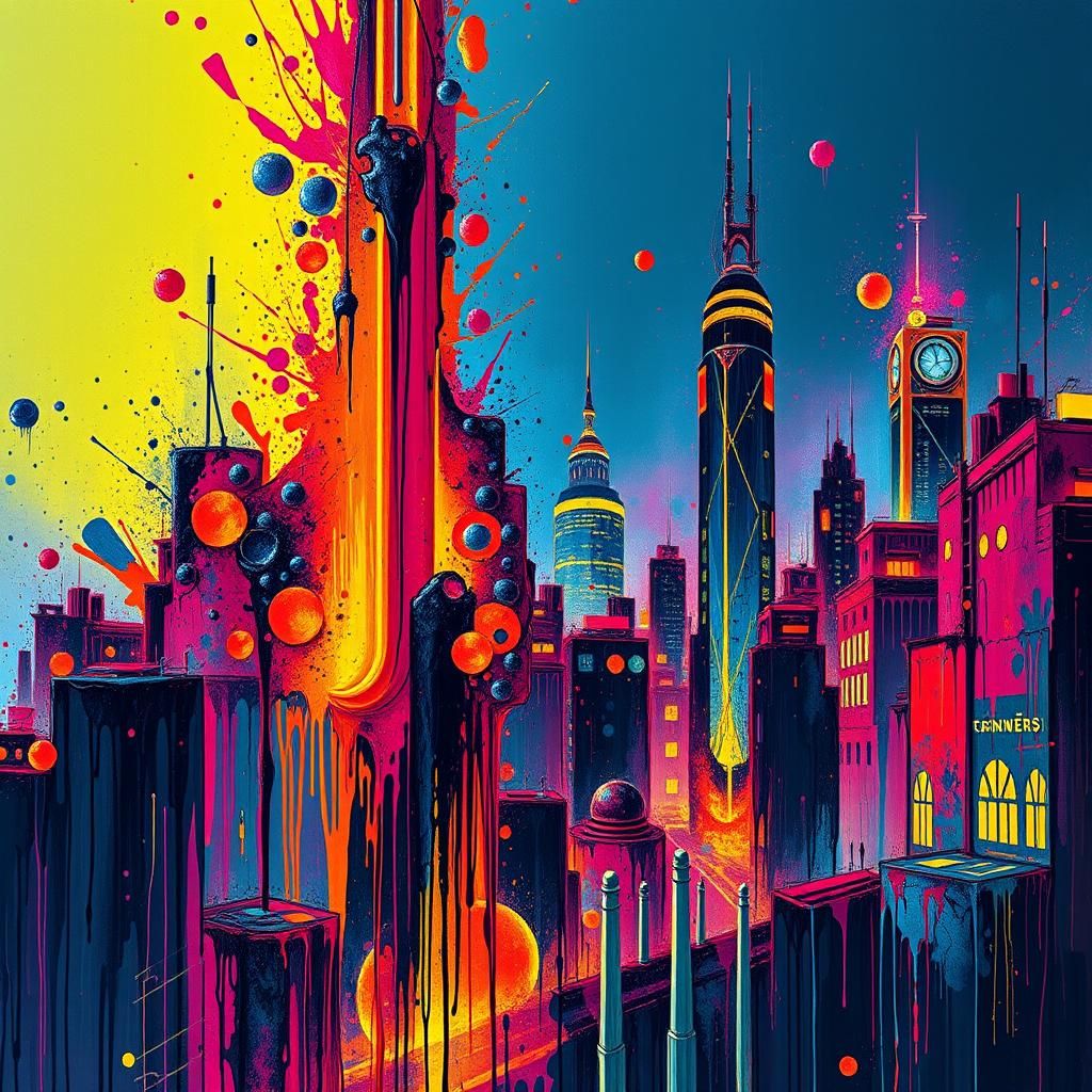 Neon Skyscrapers in Futuristic Action Painting Style