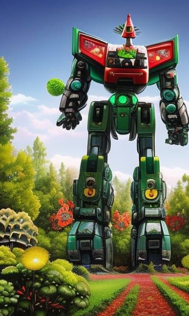 Mecha Gardener in Whimsical Cyberpunk Style