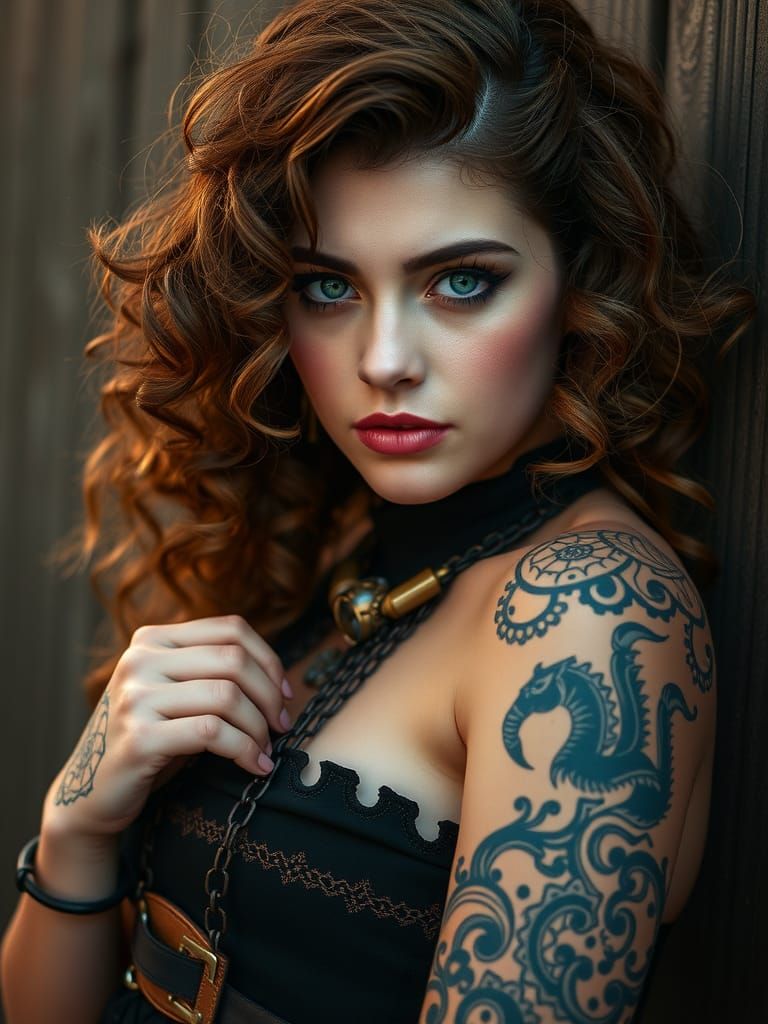 Steampunk Sci-Fi Woman with Tattoos and Green Eyes