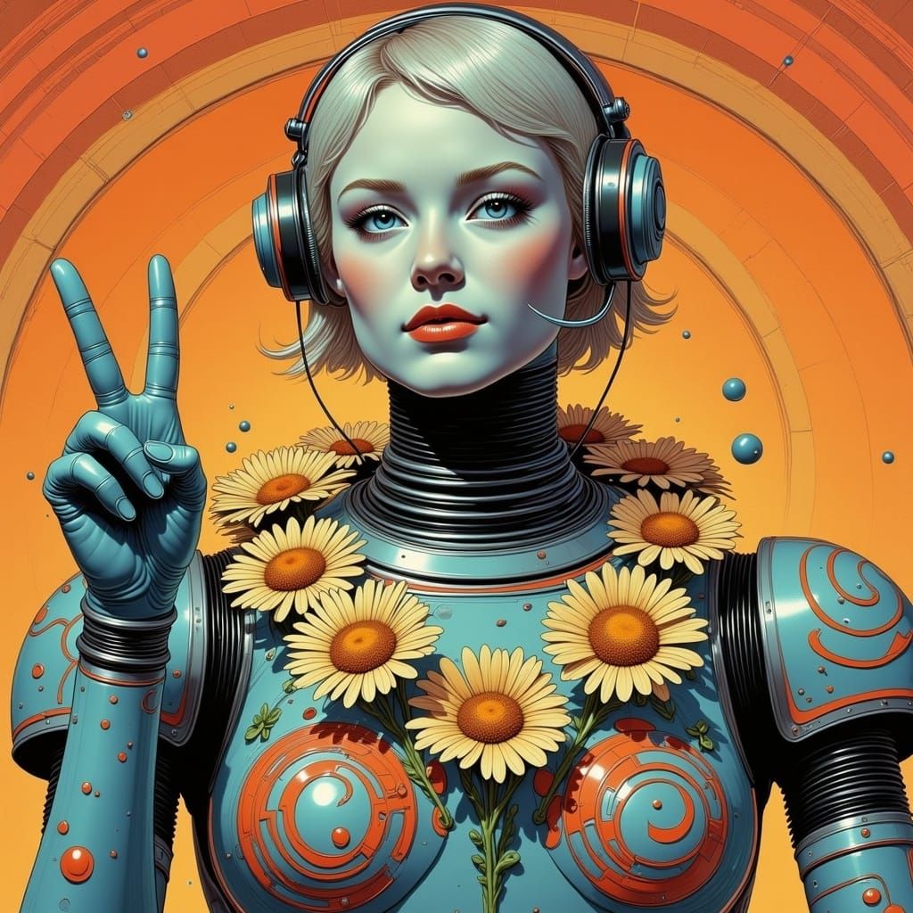 Retrofuturistic Robot with Daisies and Colorful Swirls