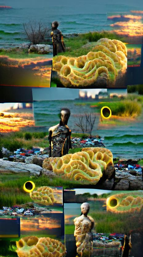 Sunset Mannequin with Slime Mold: Detailed Matte Painting