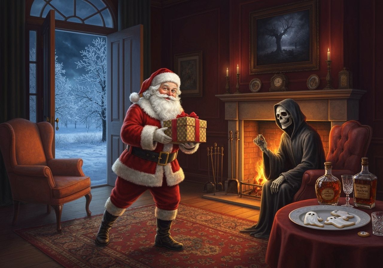 Santa Claus Delivers Gifts to Grim Reaper in Victorian Home