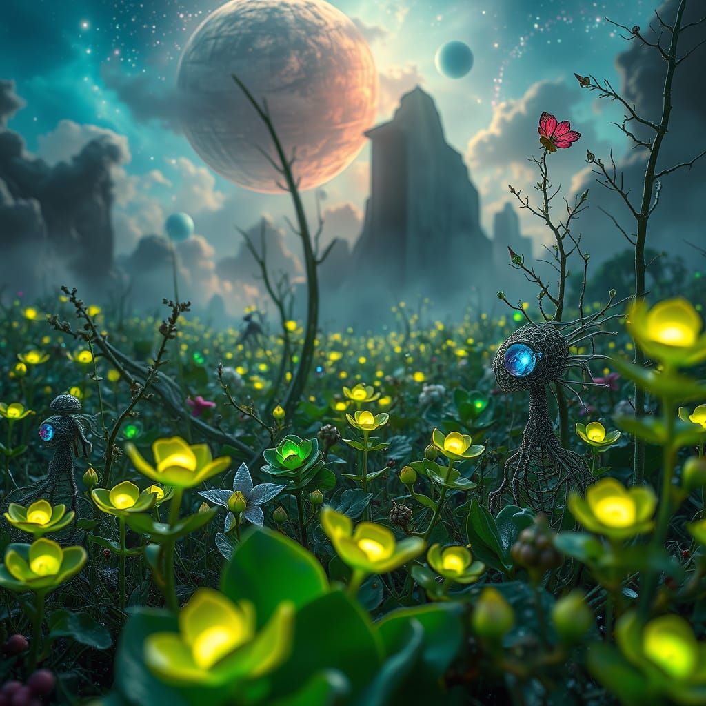 Dreamlike Nature Scene with Bioluminescent Plants and Whimsi...