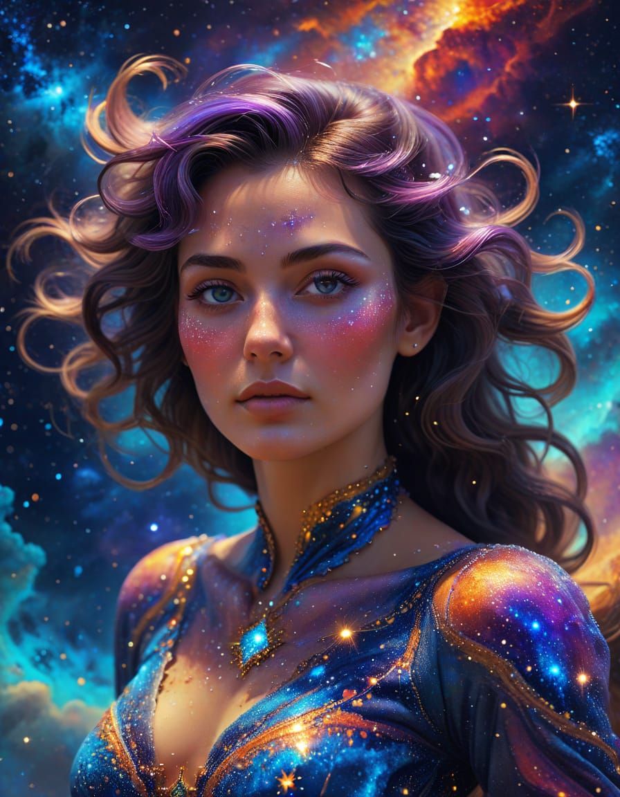 Cosmic Goddess on Starry Slide, Surreal Oil Painting