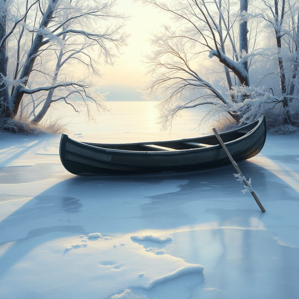 Weathered Canoe in Frosty Winter Landscape