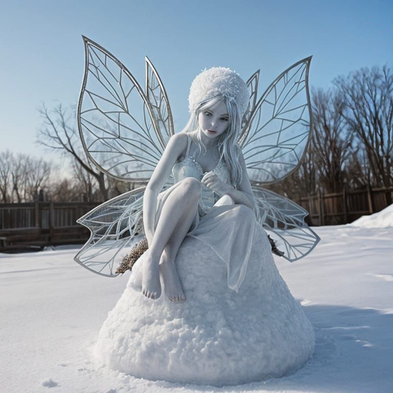 Frosty Winter Fairy in a Snowy Yard Scene