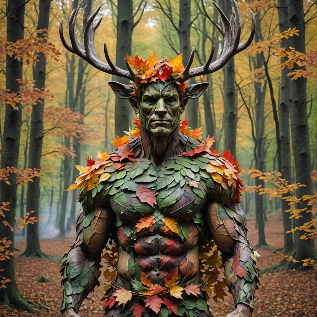 Leaf Man with Antlers in Fiery Woodland