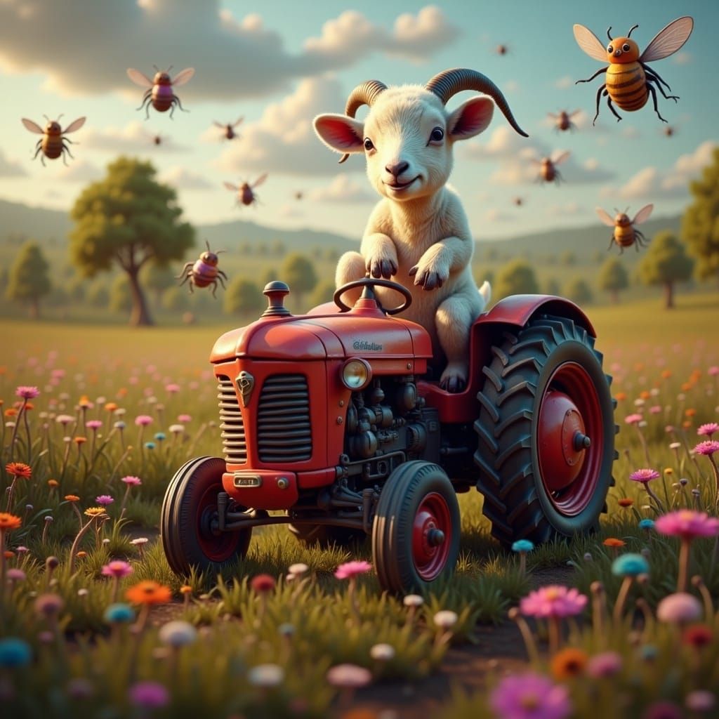Baby Goat Rides Tractor in Vibrant HDR Style