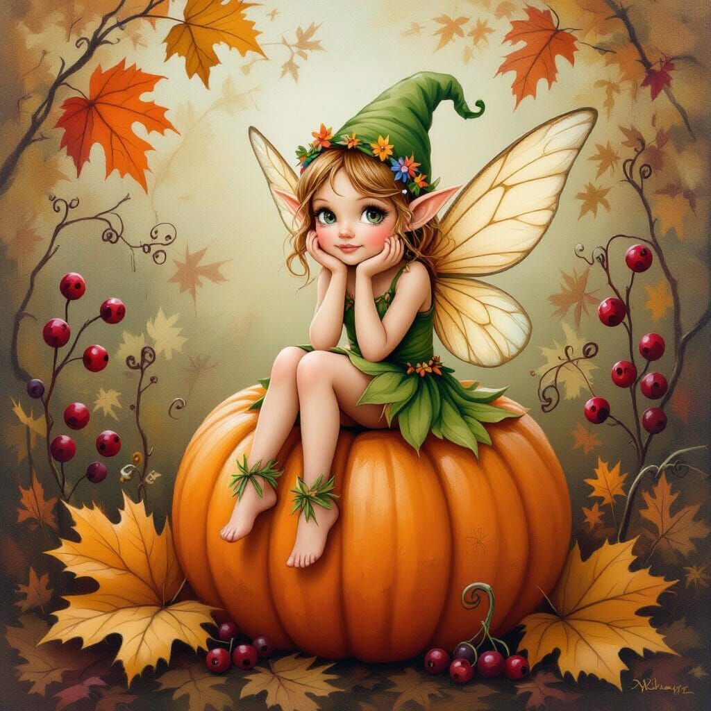 Fairy on Pumpkin Petal in Oil Painting Style