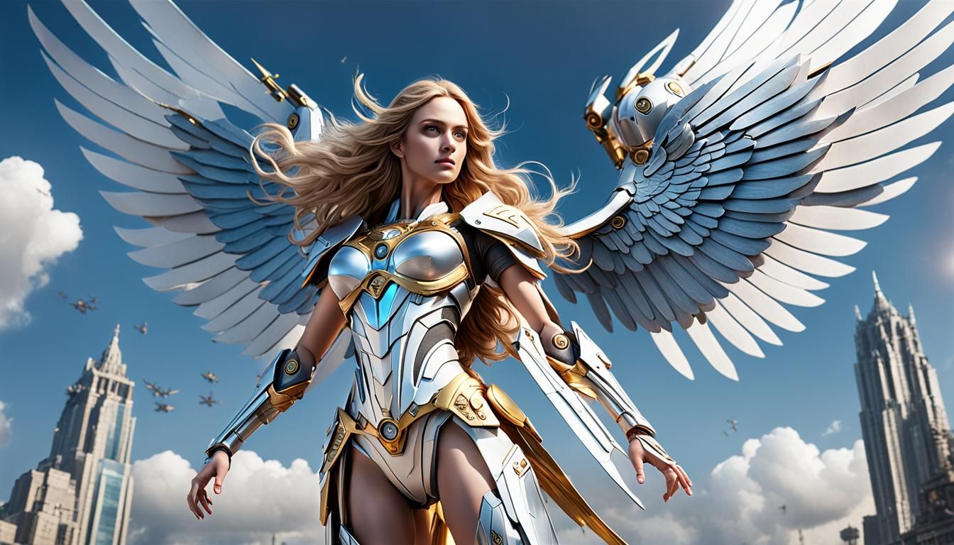 Futuristic Android Angel Soaring with Sword