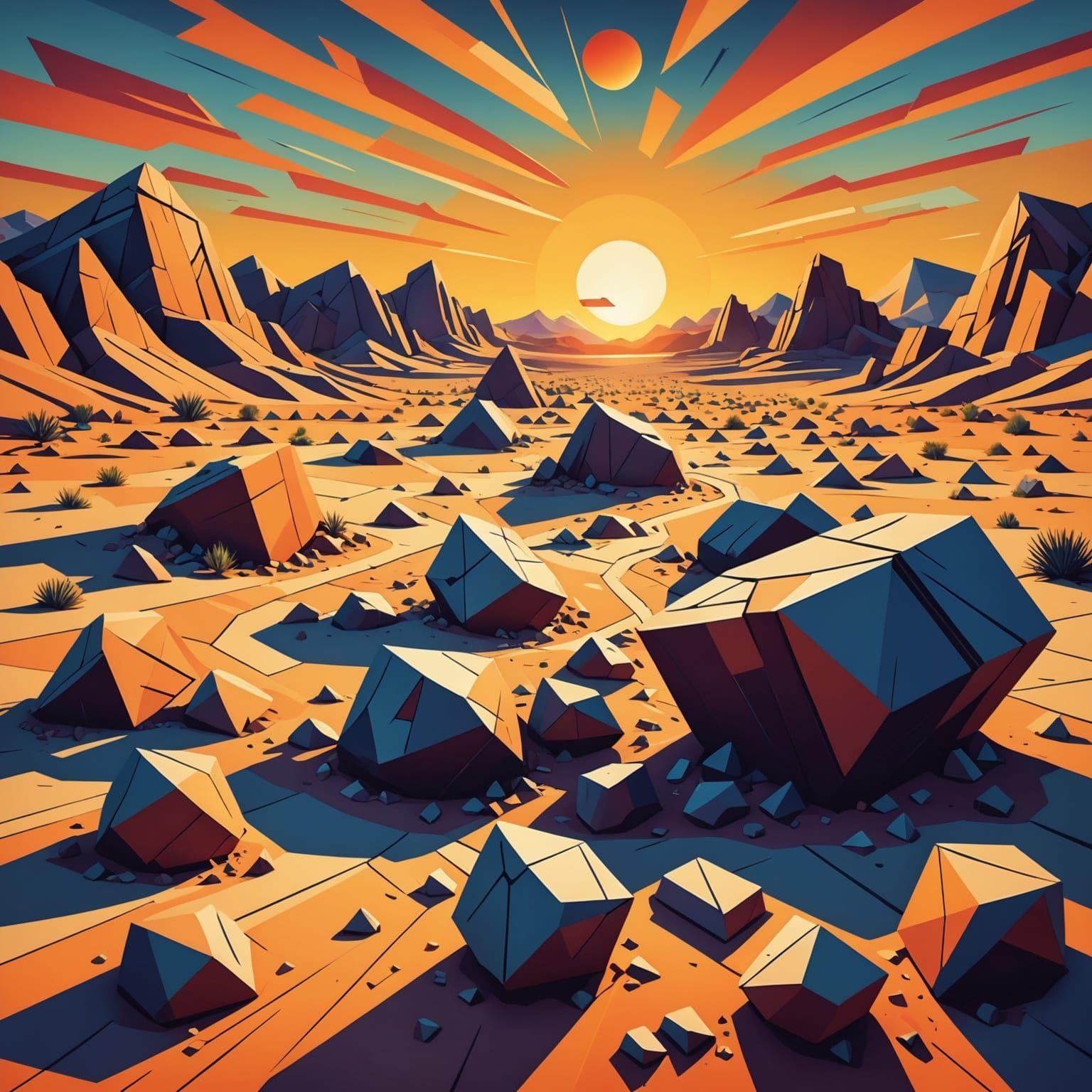 Vibrant Desert Landscape in Geometric Cubist Style