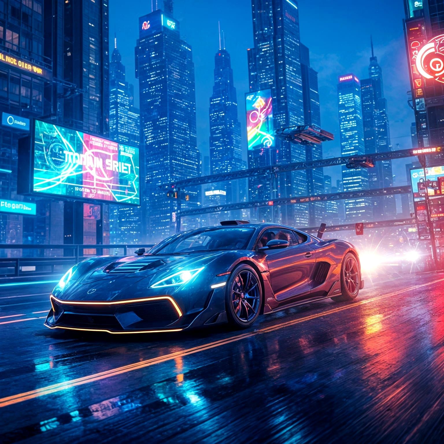 Cyberpunk Time-Traveling Car Races Through Future City
