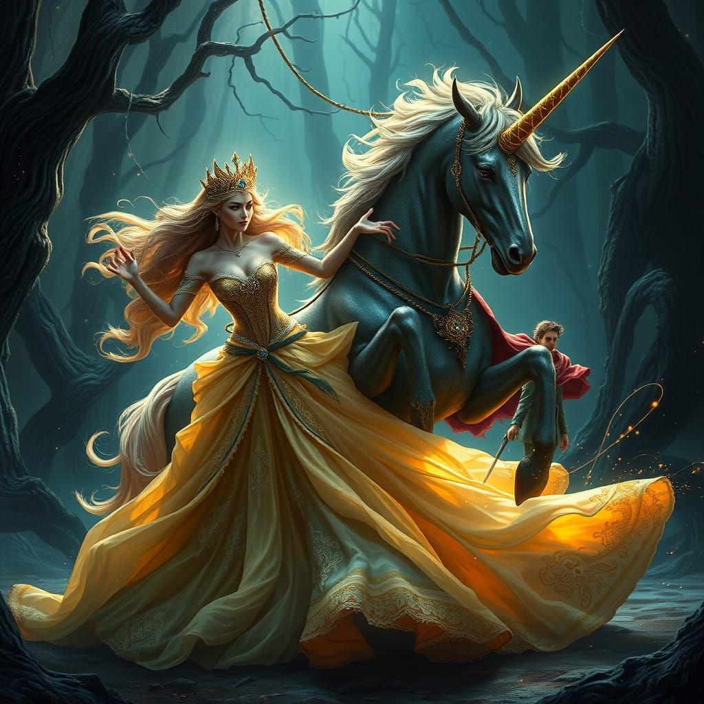 Majestic Princess Battles Unicorn in Dark Fantasy Realm