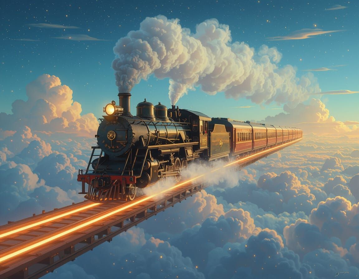 Vintage Train on Endless Sky Track in Dreamlike Style