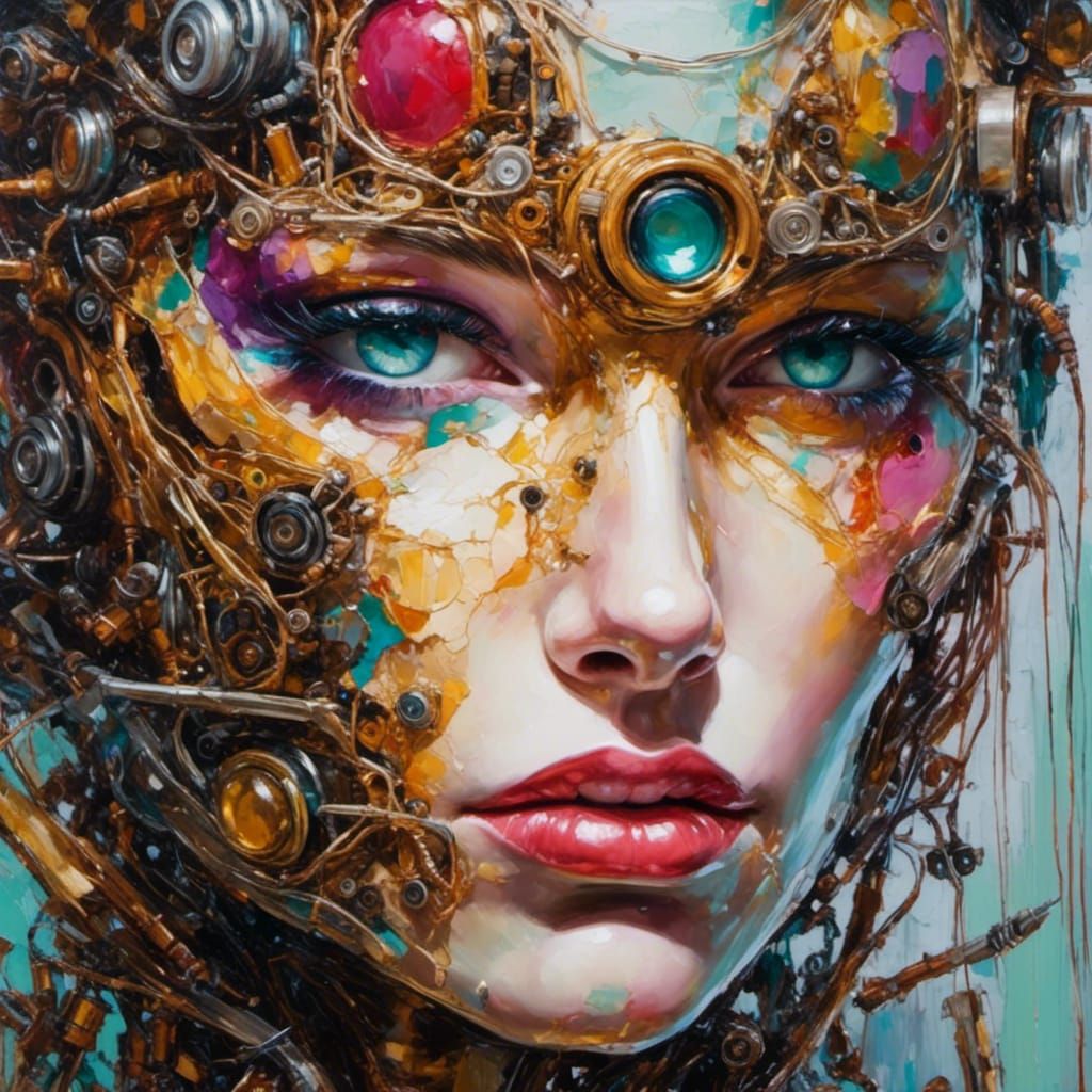 Humanoid robot, bright jewels, wiring.