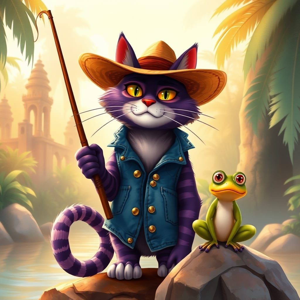 Whimsical Feline Amidst Tropical Ruins in Dreamy Watercolor...