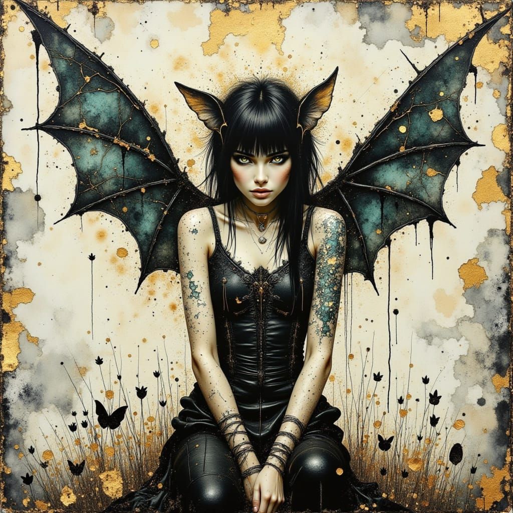 Punk Rock Fairy with Bat Wings in Misty Valley