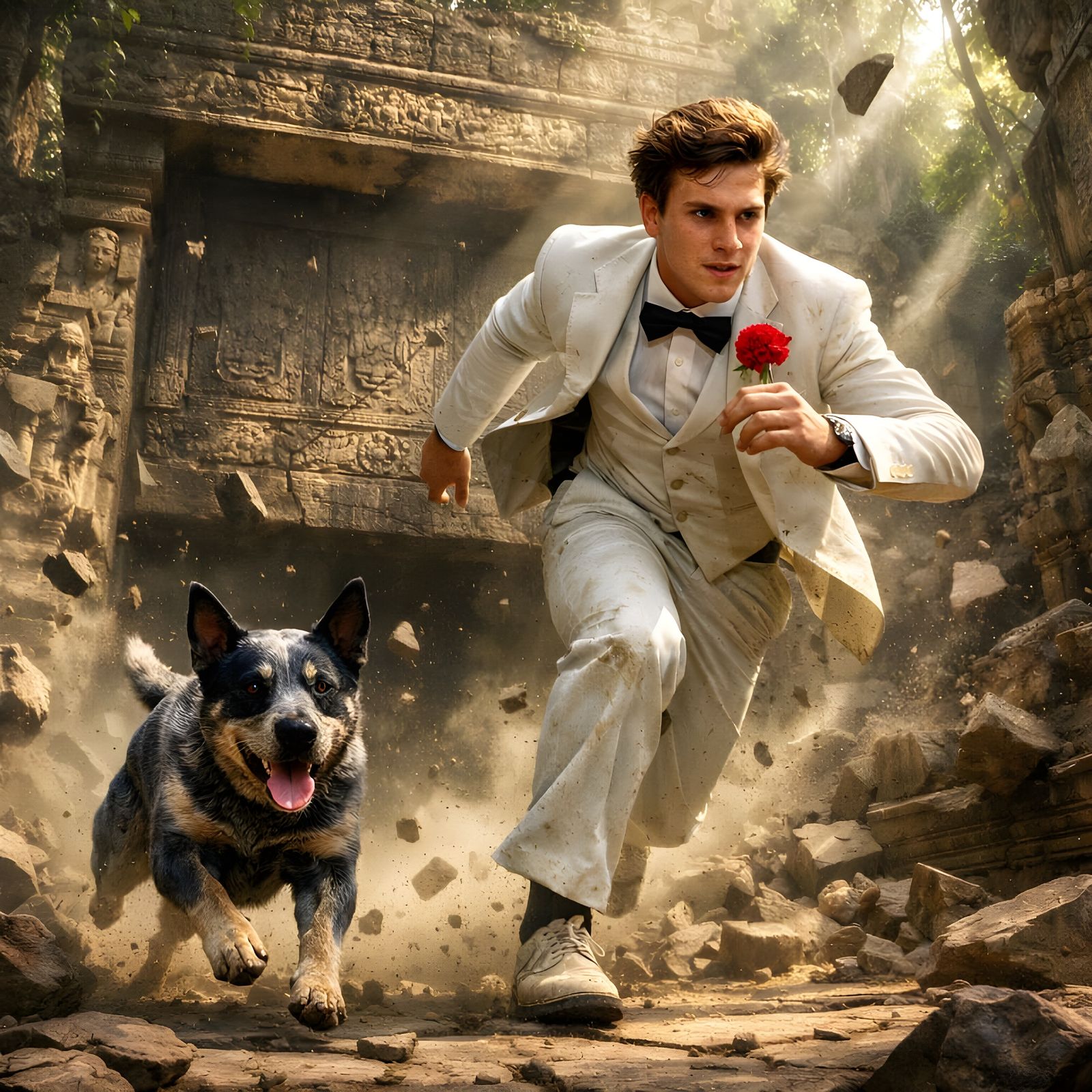 Man and Dog Sprint Through Ancient Temple as Door Slams Shut